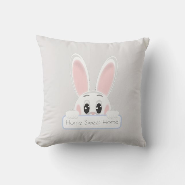 Coussin Accueil Douce Maison Lapin Blanc sur Gris Clair (Recto)