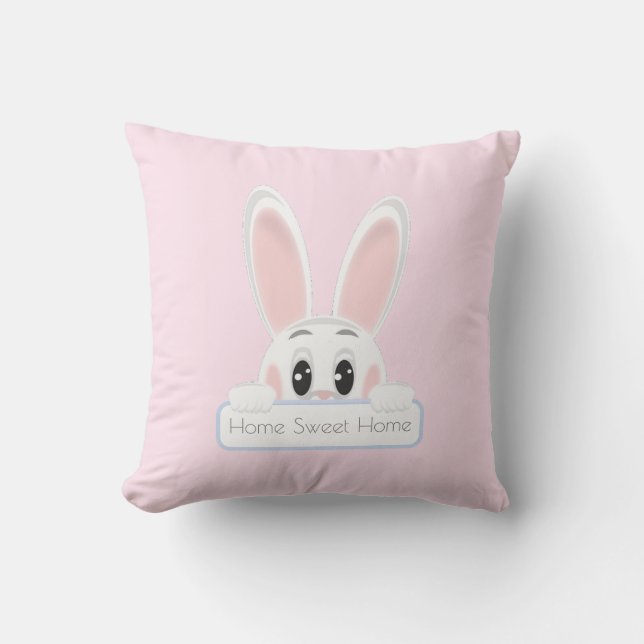 Coussin Accueil Douce Maison Lapin Blanc sur Rose Clair (Recto)