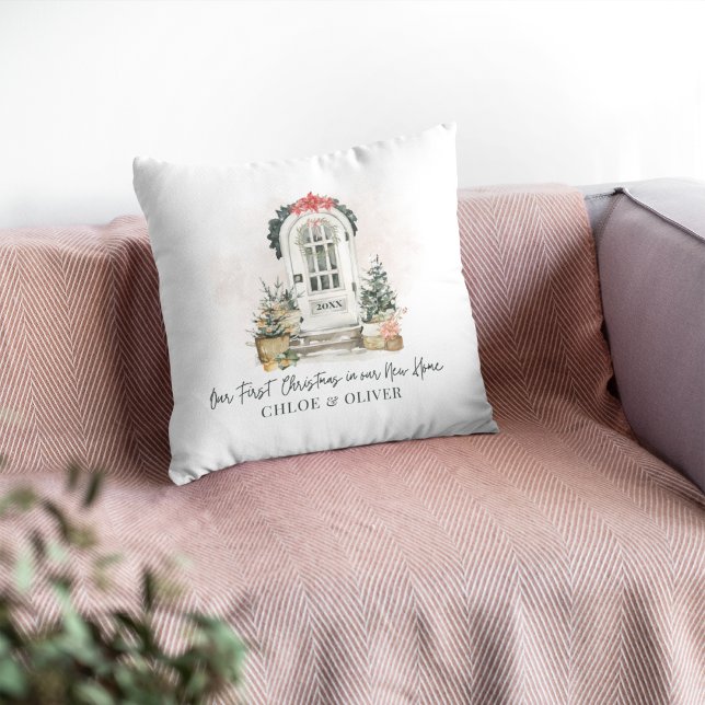 Coussin Accueil personnalisé Première aquarelle de Noël (Créateur téléchargé)