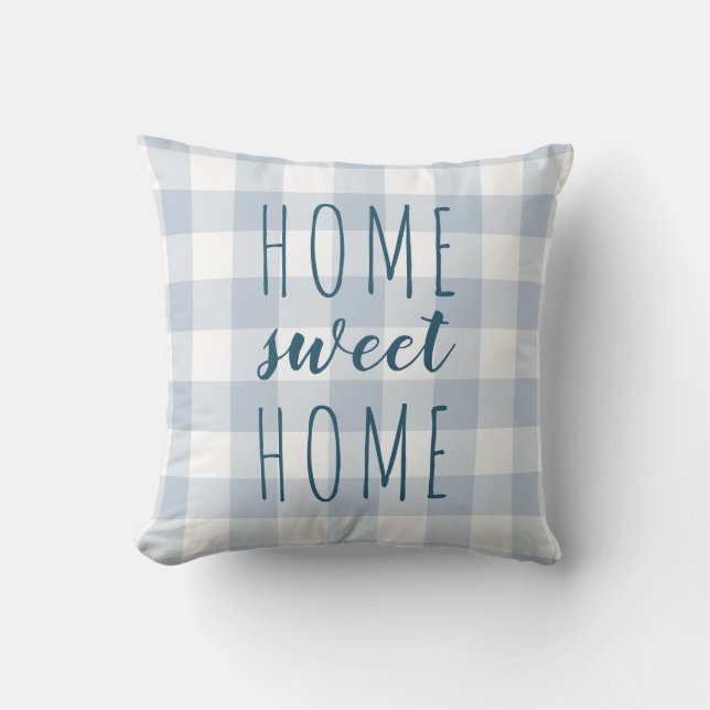 Coussin Accueil Sweet Home Ardoise Bleu et blanc En vichy (Recto)