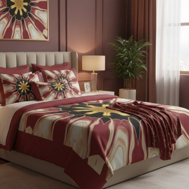 Coussin Achempong: Starburst | Deep Crimson Cream Golden B (The final touch of tranquility: A lavish bed dressed with an Achempong custom duvet cover, layered)