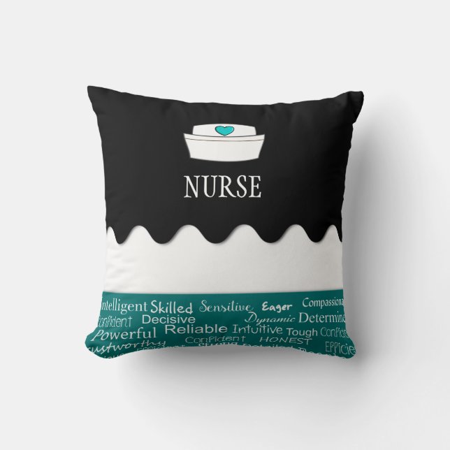 Coussin Adjectifs d'infirmière noirs et Teal foncé (Recto)