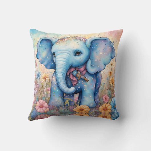 Coussin Adorable bébé éléphant dans un jardin pastel (Verso)