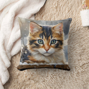 Coussin Adorable Calico Chat dans la neige