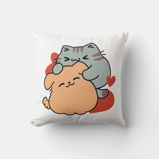 Coussin Adorable chat et chien Hug - Meow & Woof Design (Recto)