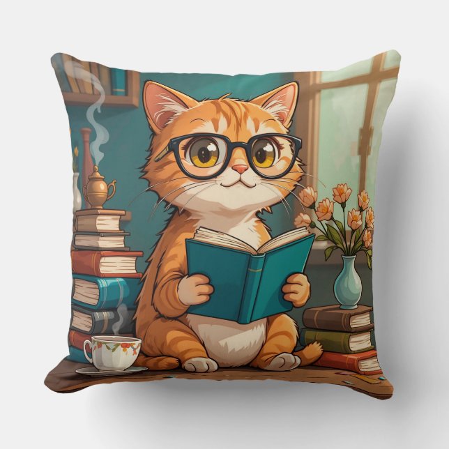 Coussin Adorable Chat portant des lunettes Lecture d'un li (Recto)