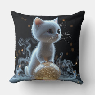 Coussin Adorable Chaton Blanc avec Lueur Mystique