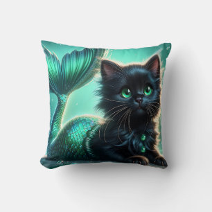 Coussin "Adorable chaton de sirène noire aux yeux verts"