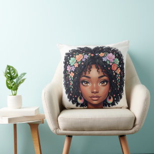 Coussin Adorable Fille Noire Avec Couronne de Fleurs Afro