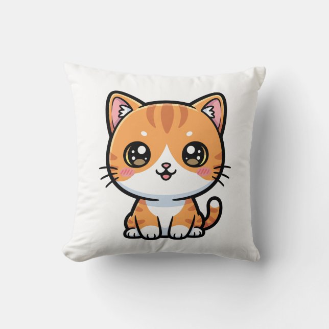 Coussin Adorable Kawaii Ginger Cat Cartoon Character (Recto)
