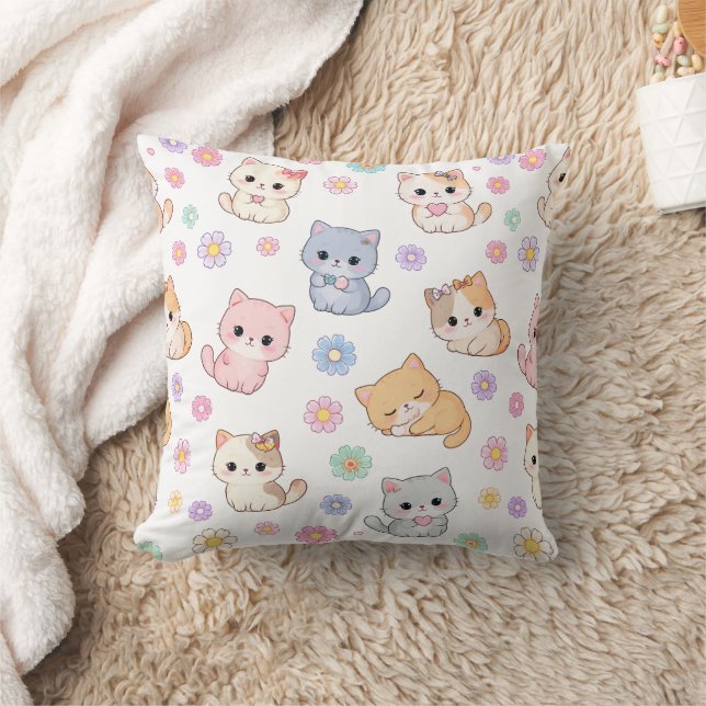 Coussin Adorable Kawaii Pastel Chat et Motif Floral  (Couverture)