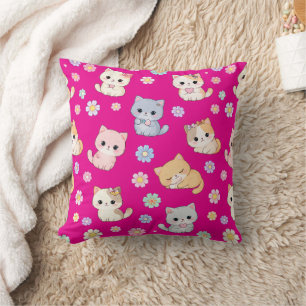 Coussin Adorable Kawaii Pastel Chat et Motif Floral