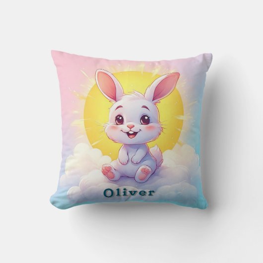 Coussin Adorable lapin de dessin assis sur un nuage (Recto)