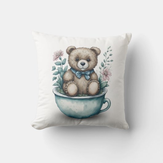 Coussin Adorable ours en peluche en tasse avec fleurs (Recto)