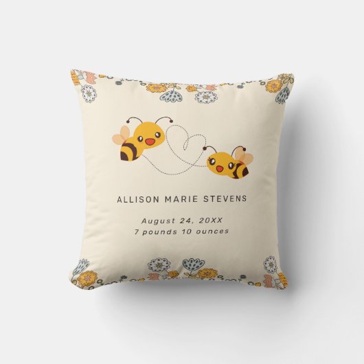 Coussin Adorables Bourdons & Fleurs Statistiques de Naissa (Recto)