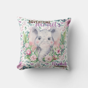 Coussin Adventure Await Baby Elephant Purple Floral Nommé