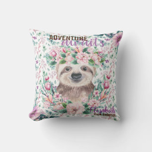 Coussin Adventure Await Baby SLOTH Purple Floral Nommé