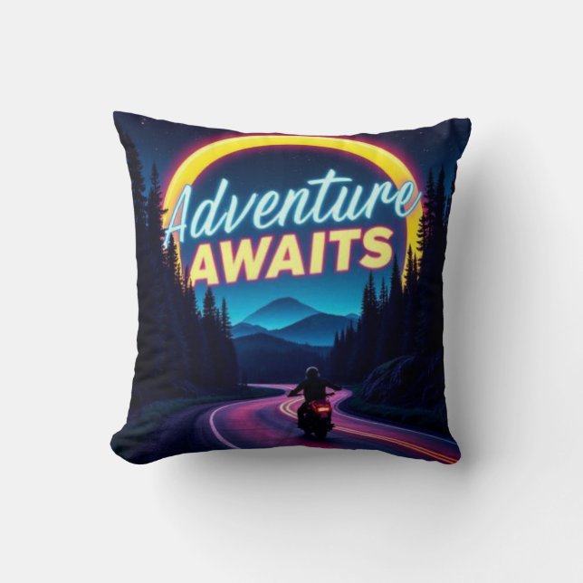 Coussin Adventure Awaits Neon Motorcycle Throw Pillow (Recto)