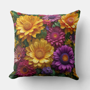 Coussin Affichage vibrant de fleurs jaunes et violettes