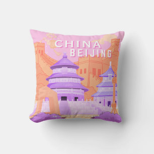 Coussin Affiche de voyage à Pékin Chine   Art rose et lava