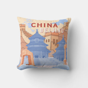 Coussin Affiche de voyage à Pékin Chine   Bleu pastel et p