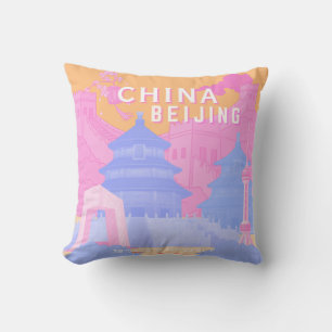 Coussin Affiche de voyage à Pékin Chine Pastel rose et b