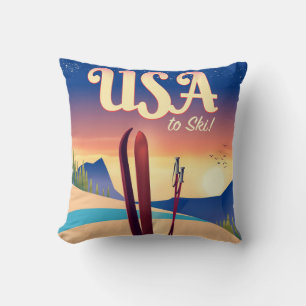 Coussin Affiche de voyage de style vintage "Pour skier" Ét