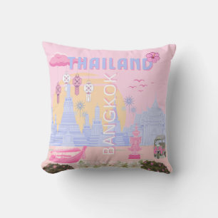 Coussin Affiche de voyage rose pastel bleu de Bangkok Thaï
