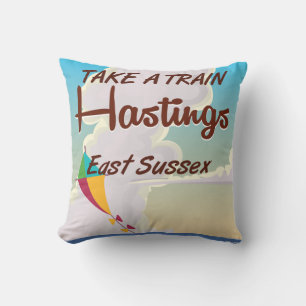 Coussin Affiche de voyage vintage de la plage de Hastings