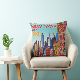 Coussin Affiche New York des années 1960 Rouge & jaune g