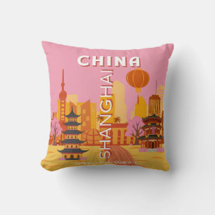 Coussin Affiche Vintage de Voyage à Shanghai Chine