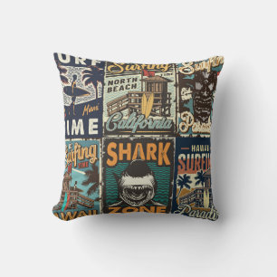 Coussin Affiches de surf colorées vintages avec bus surf