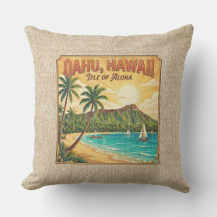 Coussin Affiches de voyage hawaïennes vintage - Oahu réver