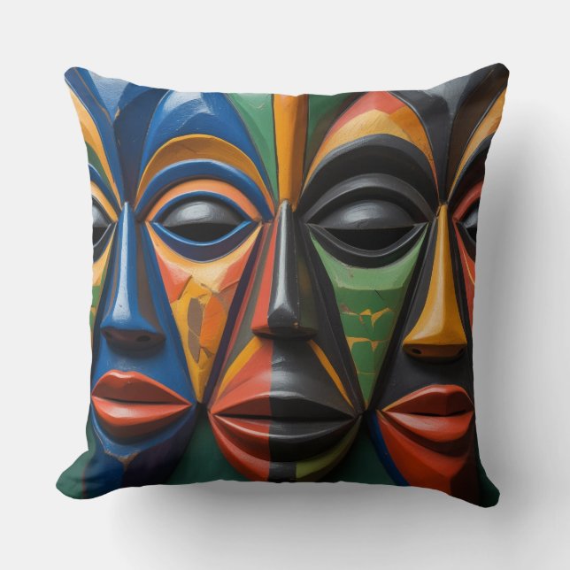 Coussin African Tribal Mask Trio Dynamic Symmetry (Recto)