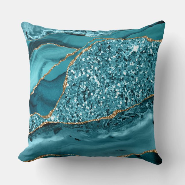 Coussin Agate de mer pailletée sarcelle et or élégante (Recto)