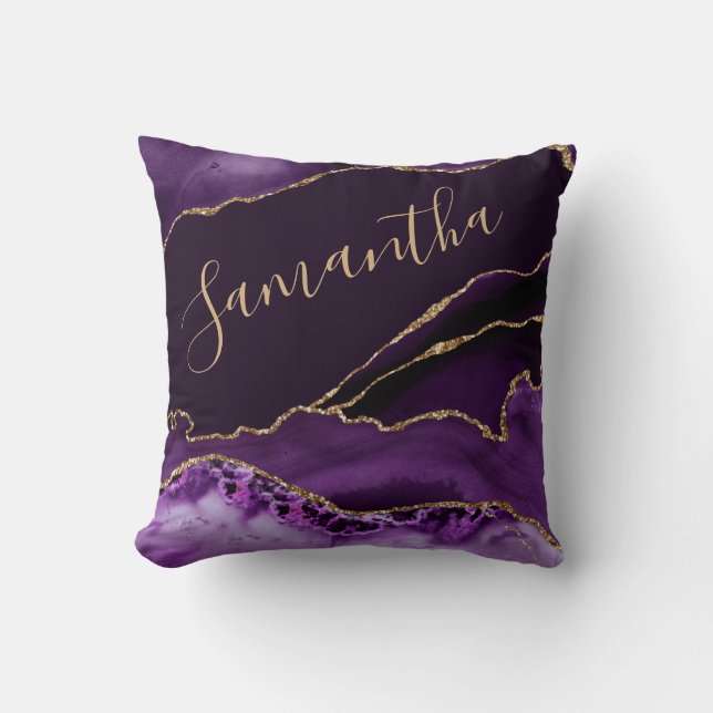 Coussin Agate Marbre à Paillettes de Faux Or et Violet (Recto)