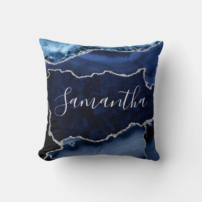 Coussin Agate Marbré Bleu et Faux Paillettes Argentées (Recto)
