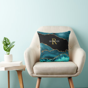 Coussin Agate Noir Sarcelle Or, Monogramme Or Nom Blanc