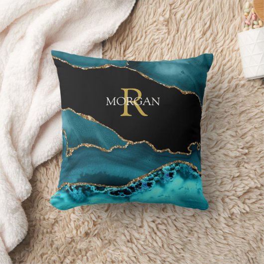 Coussin Agate noire sarcelle, monogramme doré et nom blanc (Couverture)