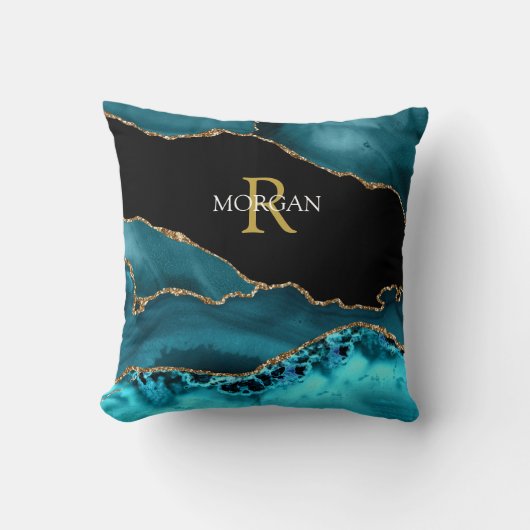 Coussin Agate noire sarcelle or, monogramme or nom blanc (Recto)