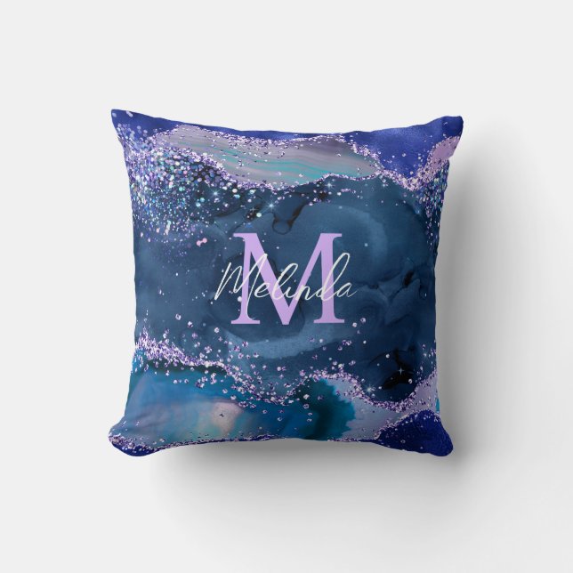 Coussin Agate Océan Pailleté Bleu Foncé et Violet (Recto)