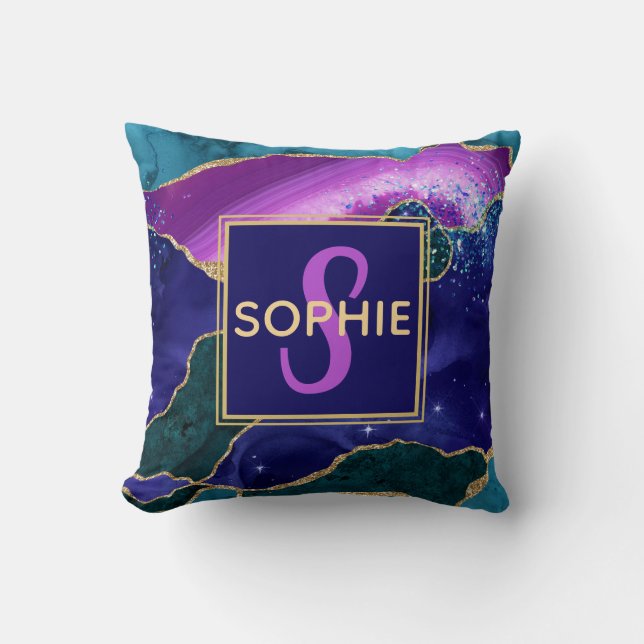 Coussin Agate Pailletée Faux Or Violet, Rose & Sarcelle (Recto)