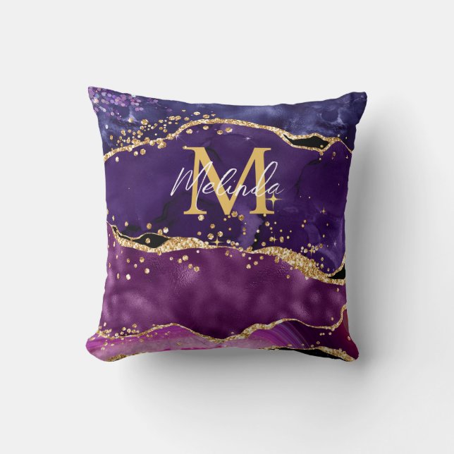 Coussin Agate Paillettes Violet Foncé et Or (Recto)