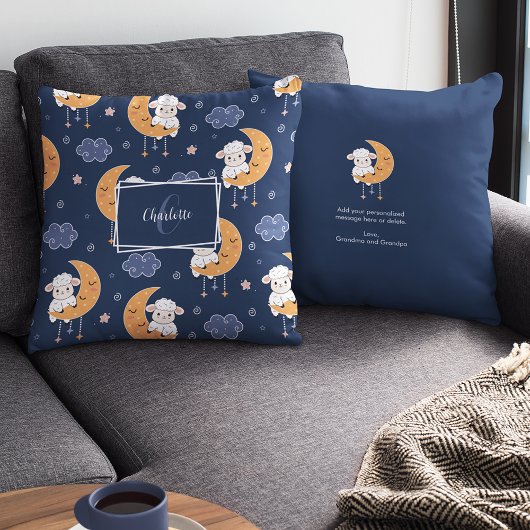 Coussin Agneau bébé sur la lune Motif avec message personn