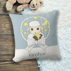 Coussin Agneau de dessin animé mignon bleu pastel rétro