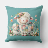 Coussin Agneaux Mignons avec Accents Floraux et Patchwork (Recto)