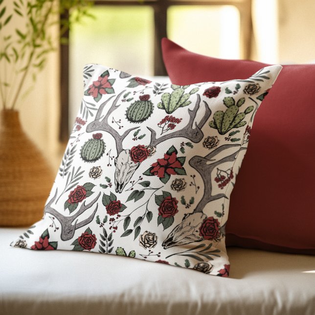 Coussin Agritourisme Noël Floral Cerf Antlers (Festive Southwestern Christmas Pillow. Chic Deer Skull, Antlers, Red Roses, Cacti & Poinsettias.)
