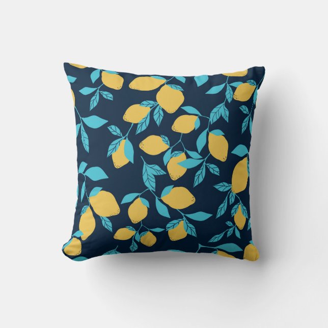 Coussin Agrumes simples : citrons sur le bleu. (Recto)