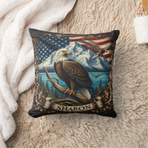 Coussin Aigle Bald avec Montagne et Drapeau