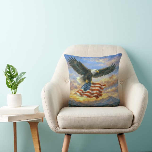 Coussin Aigle chauve volant avec le drapeau américain (Chaise)